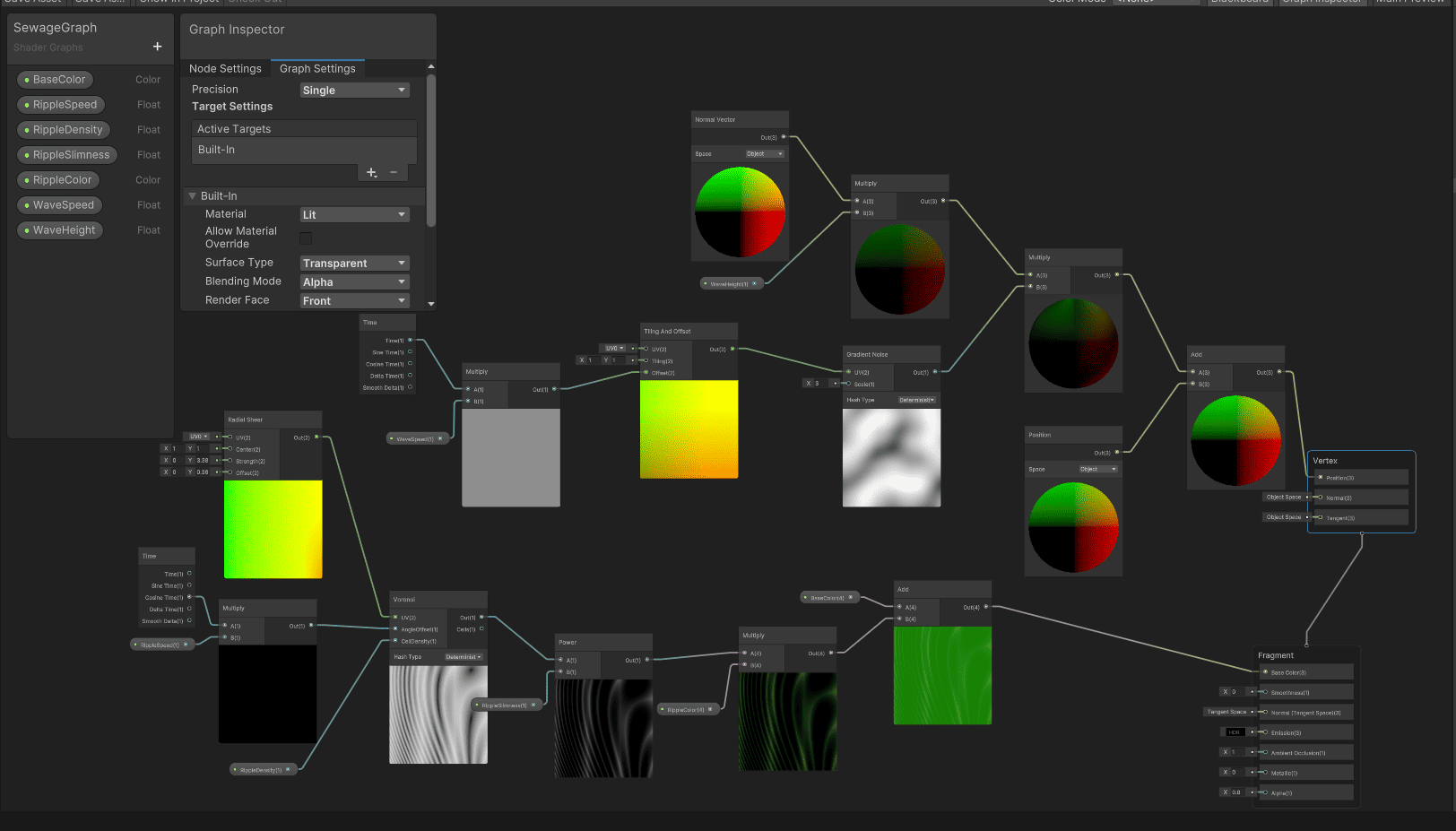 A custom shadergraph made inside Unity utilising colour, displacement and noise nodes